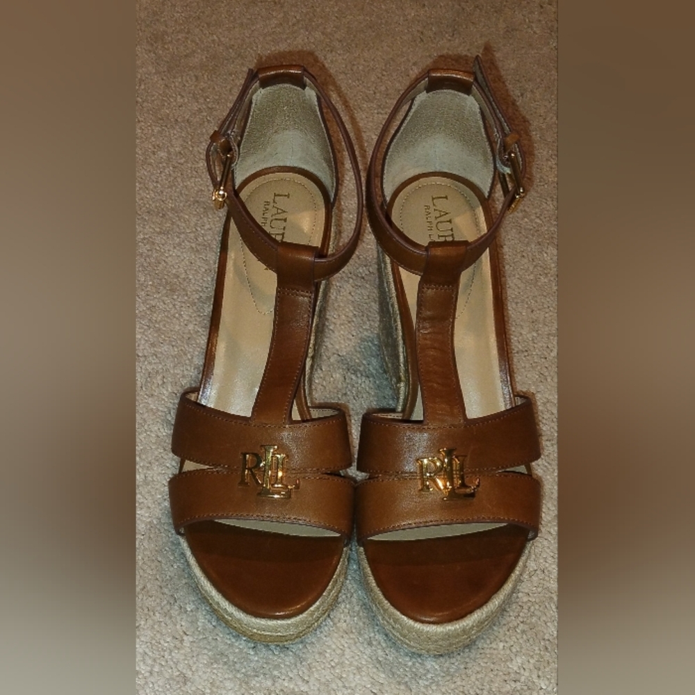 Ralph Lauren Hale Wedge Sandals Brown Leather 10M. Used-Excellent Condition.